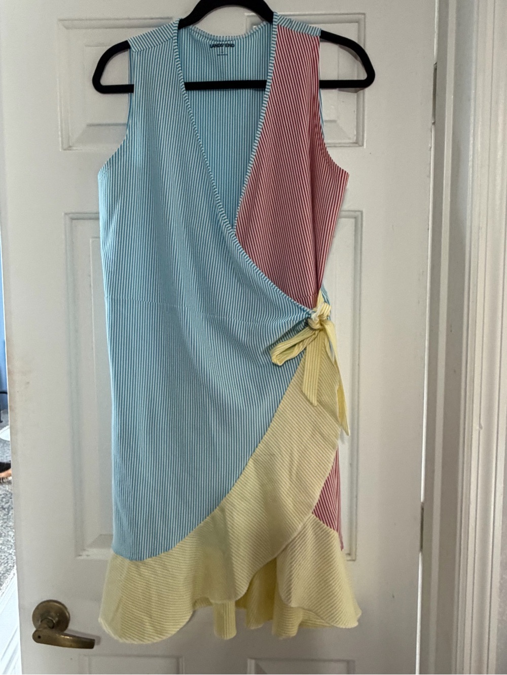 Lands' End Striped Colorblock Wrap Dress in Light Blue, Red, White & Yellow